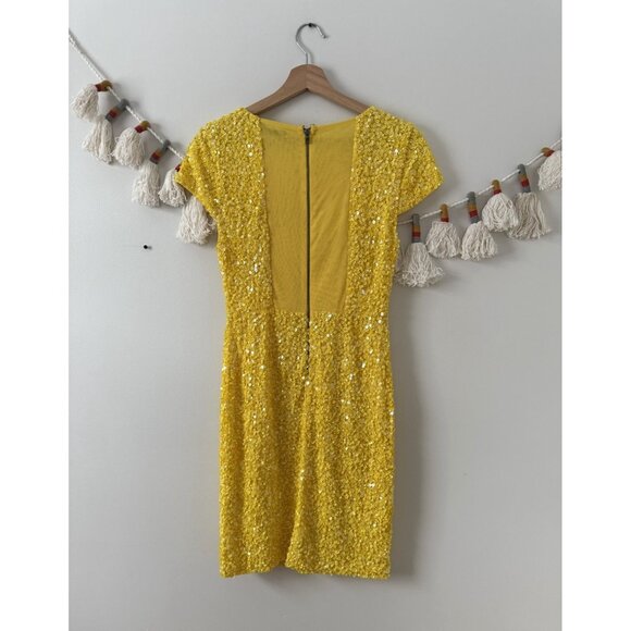 Alice & Olivia Sequin Yellow Aline Mini Dress Party Elegant Glam Wedding 4 - Picture 2 of 9